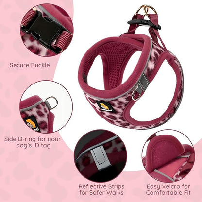 BELLA & PAL Step in Vest Harness for Small and Medium Dogs, No Pull Small Dog Harness with Leash Set, Comfortable Air Mesh Dog Vest Harness with Reflective Strip (Pink Leopard, S)
