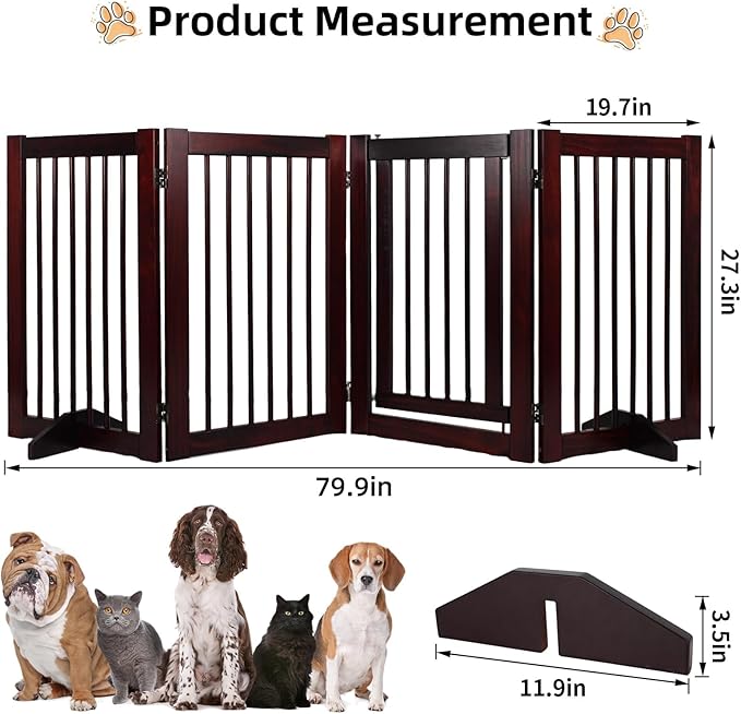 Indoor Dog Gate, Wooden Freestanding Pet Gate, Foldable Dog Gates for Doorways, No Drilling for The House, Doorways, Hallways,or Stairs, 30" Height 4 Panels Set of Support Feet Included (Espresso)