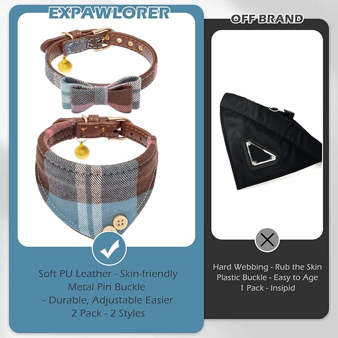 EXPAWLORER Dog Collar Bandana Set - Classic Plaid Dog Bow Tie and Bandana Collar with PU Leather, Adjustable Collars for Small Medium Large Dogs Cats, Holiday Ideal Gift, Blue XS