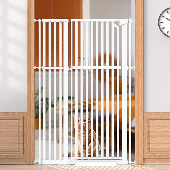 Senneny 63" Extra Tall Cat Gate Auto Close & One-Hand Open, Includes Extension Kit, No Drilling Pressure Mounted & Wall Mounted Kits, Metal Pet Gate Fits Openings 37.4" to 41.3" Wide, White