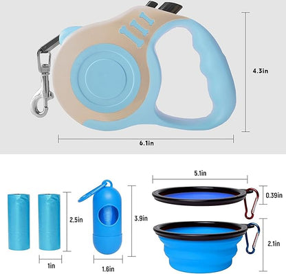 Retractable Dog Leash Automatic Telescopic Tractor Dog Tape, Pet Tape 10/16 FT Durable and Convenient, with Folding Bowl, Dispenser, Rubbish Bags, Suitable for Small and Medium Dogs