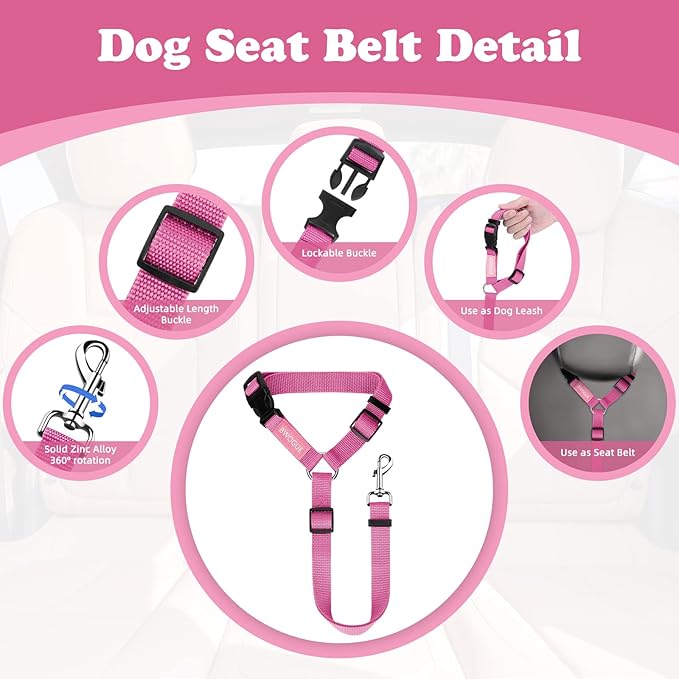 BWOGUE Pet Dog Cat Seat Belts, Car Headrest Restraint Adjustable Safety Leads Vehicle Seatbelt Harness (1 Pack, Pink, Not Elastic)