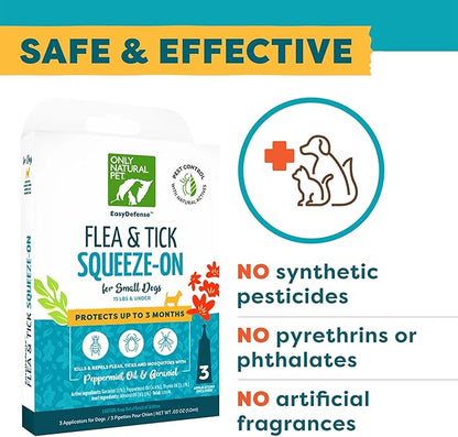 Only Natural Pet EasyDefense Flea & Tick Prevention for Small Breed Dogs (up to 15 lbs) - Natural Herbal Control, Squeeze-On Drops - Protects up to 3 Months (S Sqz.)