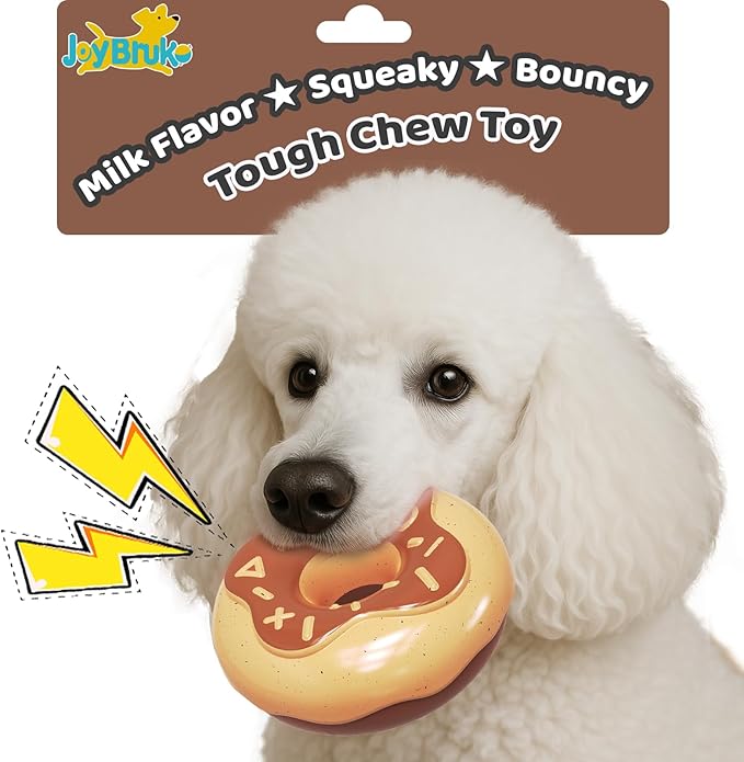 Dog Toys for Aggressive Chewers, Indestructible Squeaky Chew Toy to Keep Them Busy, Interactive Rubber Donut with Milk Flavor & Bounce, Teeth Cleaning for Small Medium Large Breed, Brown