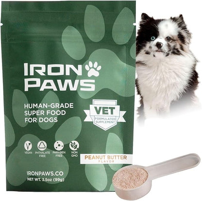 Human-Grade Superfood for Dogs, Premium Greens Powder Supplement for Dental Health, Longevity, Hip & Joint, Gut Health, Allergies, Immune Support, Skin & Coat - Peanut Butter - 3.5 oz