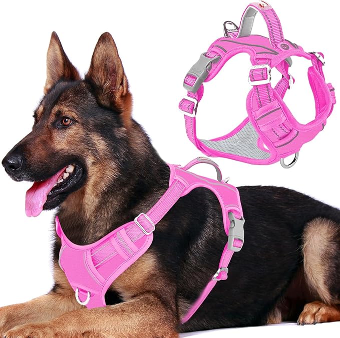 BARKBAY Dog Harness No Pull Oxford with ID Tag Pocket - Heavy Duty, Reflective, Easy Control for Large Dogs(Pink Oxford,XL)