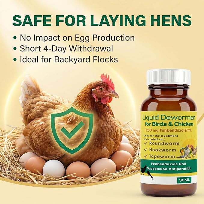 Dewormer for Chickens and Birds Fenbendazole Broad Spectrum Targets Tapeworm Roundworm &Hookworm for Laying Hens Poultry Aviary Wormer Liquid for Pet Birds, Pigeons and Flocks (30ml)