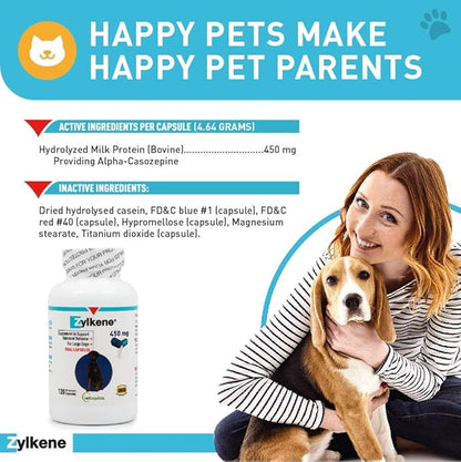 Vetoquinol Zylkene - Calming Support for Large Dogs 33–132 lb - Supports Behavior & Occasional Anxiety - Perfect for Boarding, Vet Visits & Celebrations - Non-Drowsy & Lactose-Free - 120 Capsules