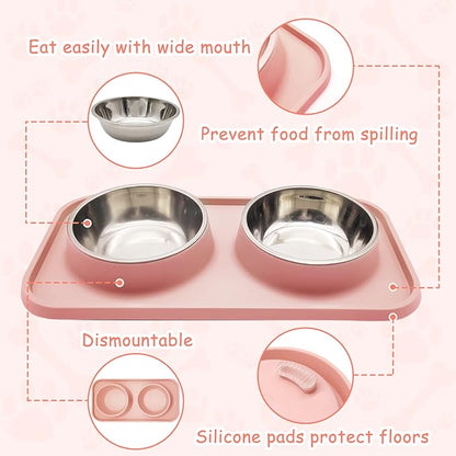 BNOSDM Double Dog Food Bowls Stainless Steel Dog Food and Water Bowls with Non-Spill Plastic Mat Pet Cat Feeder Bowl Set for Puppy Cats Kitten Small Dogs, Dark Green