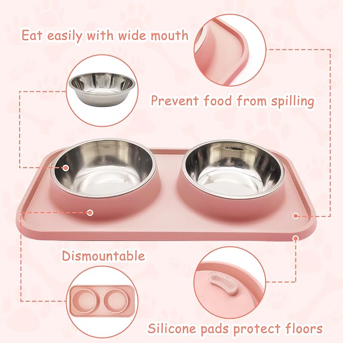 BNOSDM Double Dog Food Bowls Stainless Steel Dog Food and Water Bowls with Non-Spill Plastic Mat Pet Cat Feeder Bowl Set for Puppy Cats Kitten Small Medium Dogs Pink