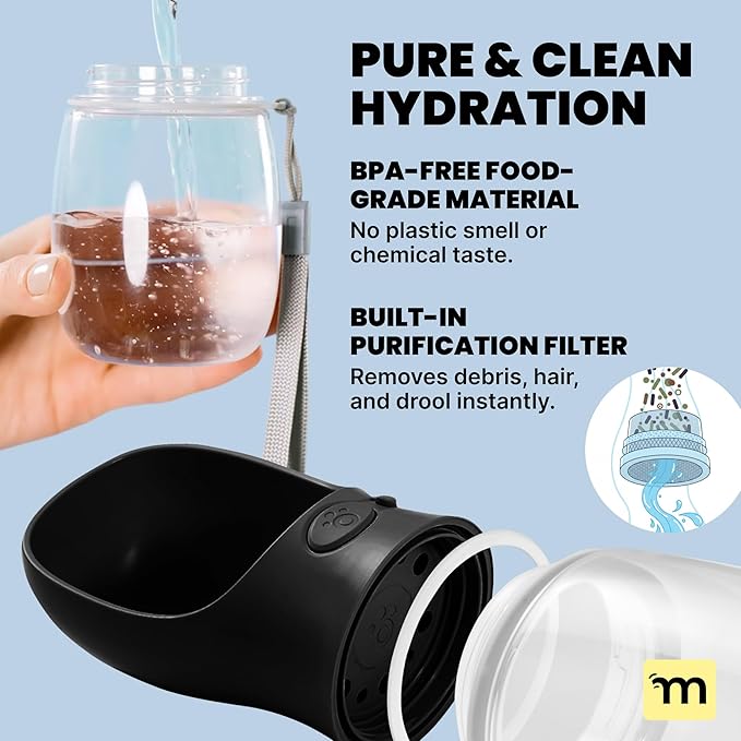 MalsiPree Dog Water Bottle Dispenser - 12 oz Black - Leak-Proof Lock & One-Hand Operation - On the Go Dog Water Dispenser - Pet Travel Bottle with Built-in Bowl, Travel & Hiking Ready