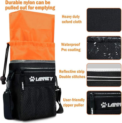 Dog Treat Pouch Pet Training Bag for Small to Large Dogs, Treat Tote Carry Kibble Snacks Toys for Training Reward Walking, Metal Clip, Waist belt, Shoulder Strap, Poop Bag Dispenser, Black with Orange