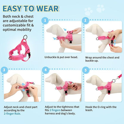 Lukovee No Pull Dog Harness and Leash Set, Soft Padded Small Dog Harness, Neck & Chest Adjustable Reflective Vest Puppy Harness with 4ft Lightweight Anti-Twist Dog Leash for Small Dogs (S, Pink)