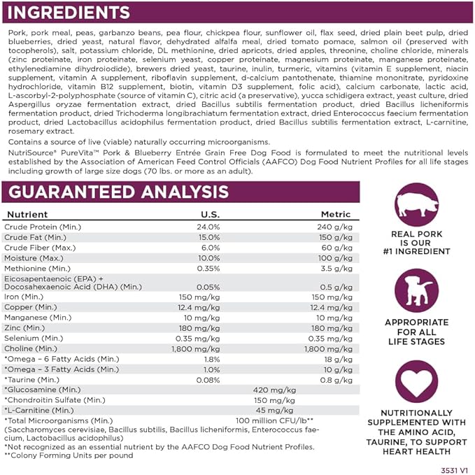 NutriSource Pure Vita Grain Free Pork & Blueberry Dog Food, 12LB