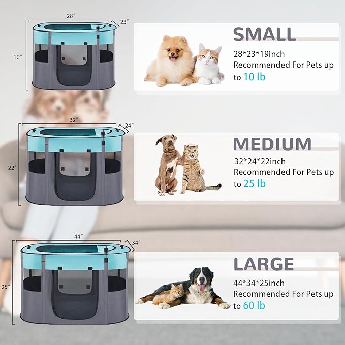 Portable Dog Cat Playpen with Waterproof Pad,Collapsible Pet Puppy Kitten Crate,Foldable Small Animals Kennel Cage for Indoor Outdoor Travel Camping,Water-Resistant Breathable Shade Cover (Green M)