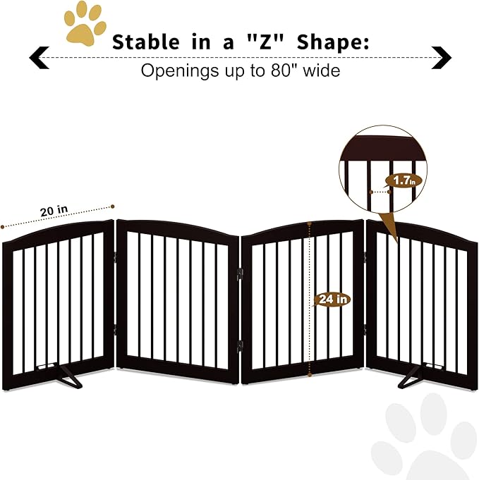 PUPETPO Freestanding Pet Gate for Dogs, Foldable Wooden Dog Gate for House, Indoor Dog Gate for Stair, Doorway, Gates for Dogs Indoor, 80 Inch Wide, 4 Panels 24",Brown