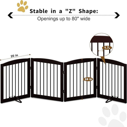 PUPETPO Freestanding Pet Gate for Dogs, Foldable Wooden Dog Gate for House, Indoor Dog Gate for Stair, Doorway, Gates for Dogs Indoor, 80 Inch Wide, 4 Panels 24",Brown