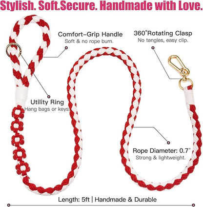 Handmade 5ft Braided Cotton Dog Leash with Unique Floral Handle, Durable and Stylish, Ideal for Small to Large Dogs, Red & White Twist
