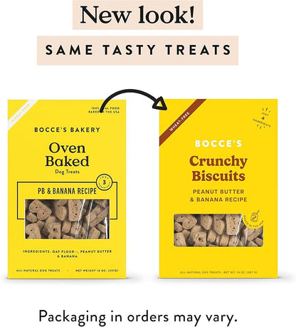 Bocce's Bakery Oven Baked PB & Banana Recipe Treats for Dogs, Wheat-Free Dog Treats, Made with Real Ingredients, Baked in The USA, Natural Peanut Butter & Banana Biscuits, 14 oz