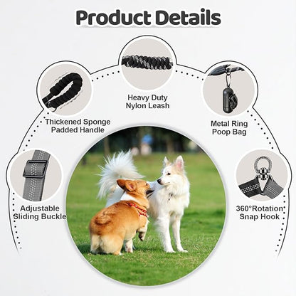 Double Dog Leash - 360°Swivel Tangle Free Splitter Attachment, 1 Rope with Handle, 2 Dogs Multi-Functional Leash, for Outdoor Walk Train Small Medium Large Two Pet, Grey