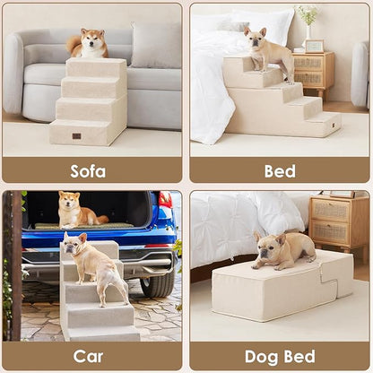 EHEYCIGA Dog Stairs for High Bed 25" H, 5-Step Extra Wide Dog Steps for Bed, Pet Steps for Small Dogs and Cats, Non-Slip Balanced Pet Ramp Indoor, Beige