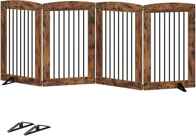 HOOBRO Indoor Dog Gate with Support Feet, 31.5 Inch 4 Panels, Freestanding Pet Gate for Doorway, Stairs, Folding Dog Fence, 360° Hinge for Easy Access, Sturdy Iron Pipe, Rustic Brown BF64PP03