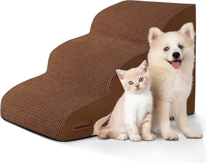 Aodisman 3-Step Dog Ramp and Stairs for Sofa and Chair - Non-Slip Sturdy Pet Steps for Small Dogs and Cats,15.7" H,Brown