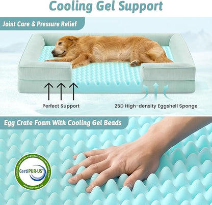 Cooling Dog Bed for Extra Large Dogs, Q-Max >0.4 Summer Cool Orthopedic Foam Pet Sofa Bed with Sides, Bolster Anti-Slip Couch with Washable Removable Cover, XXL 48x35x7.5 inch, Green