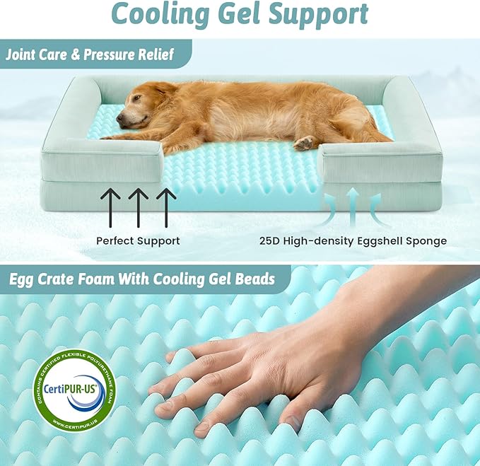 Cooling Dog Bed for Large Medium Size Dogs, Q-Max >0.4 Summer Cool Orthopedic Foam Pet Sofa Bed with Sides, Bolster Anti-Slip Couch with Washable Removable Cover, L 36x27x6.5 inch, Green