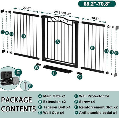 Fairy Baby 68.2"-70.8" Extra Wide Baby Gate with Door, 69 70 Inches Walk THR Baby Gates for Stairs Pressure Mounted no Drill, Indoor Tension Metal Child Pet Dog Safety Gate for Kids, Black