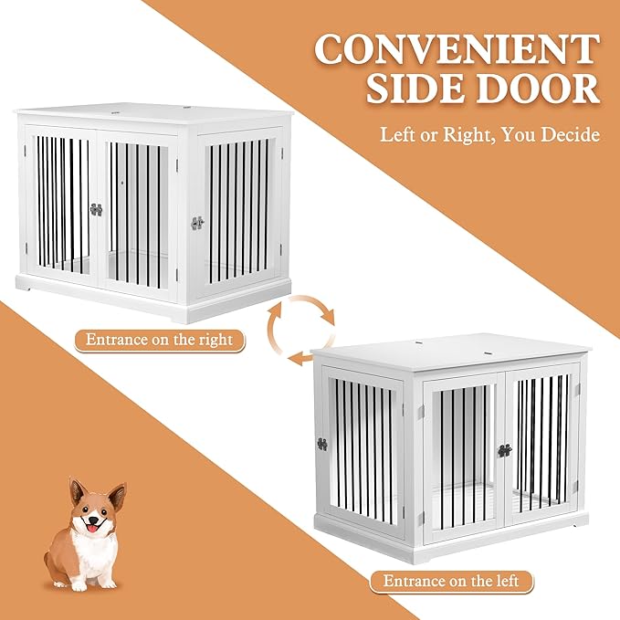 PUPETPO Furniture Style Dog Crate with Cushion, Dog Kennel Medium, Pet Crates, Dog Cage for Small and Medium Dogs, Decorative Dog Kennel with Flip-top Plate, Chew-Proof Metal Bars, White