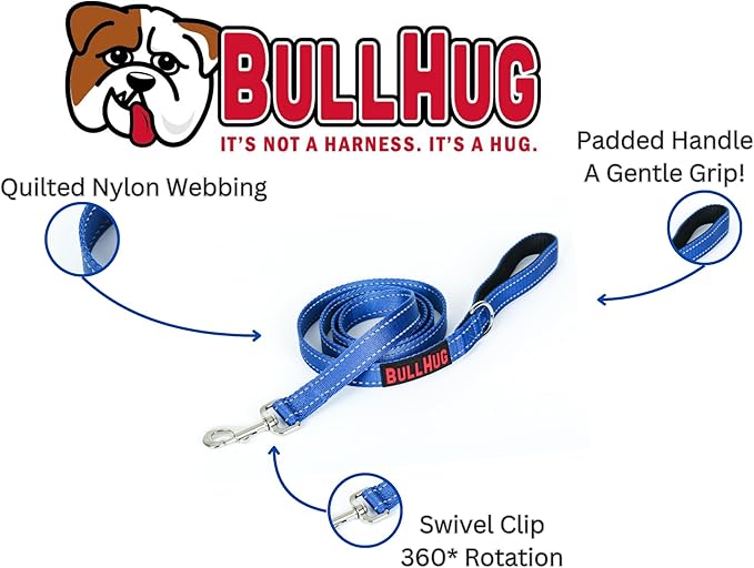 BULLHUG 6 FT Bulldog Leash with Padded Handle. Perfect for Bulldogs, French Bulldogs, Pugs & All Breeds. Leashes for Walking, Training Lead for Bulldogs (Reflective Stitching, Royal Blue)