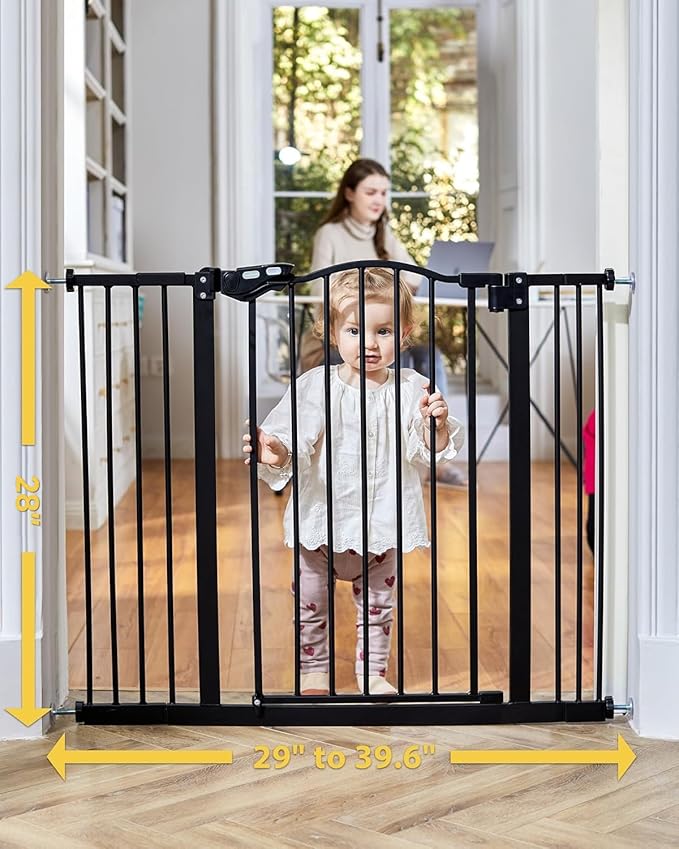 InnoTruth 29-39.6”Baby Gate for Stairs & Doorways,28" Tall Dog Gate for Pets,Dual-Lock Safety and One Hand Opening Design,Pet Gate for Hallways,Outdoors,Wall-Friendly Pressure Mounted, Pure Black