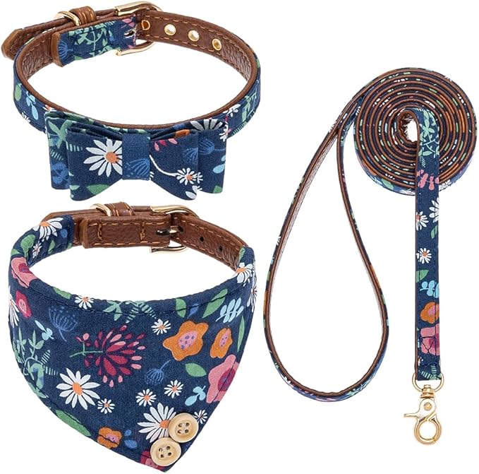 EXPAWLORER Dog Collar and Leash Set - Classic Plaid Dog Bow Tie and Dog Bandana Collar, Dog Leash Tangle Free, Adjustable Collars for Medium Dogs, Holiday Ideal Gift, Flower M