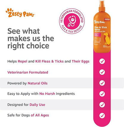 Zesty Paws Flea and Tick Spray for Dogs - Kill Fleas, Ticks & Their Eggs - Veterinarian Formulated - Soothes Itchy & Irritated Dog Skin - Cedarwood Oil, Rosemary Oil & Peppermint Oil