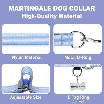Reflective Martingale Collar for Dogs Nylon Training Collar with No Buckle, No Pull Escape Proof Dog Collar for Small Dogs（Blue Stripe，S）