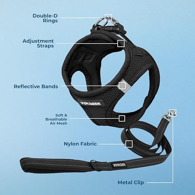 Best Pet Supplies Voyager Step-in Air All Weather Mesh Harness and Reflective Dog 5ft Leash Combo with Neoprene Handle, for Small, Medium and Large Breed Puppies - Set (Black), X-Small