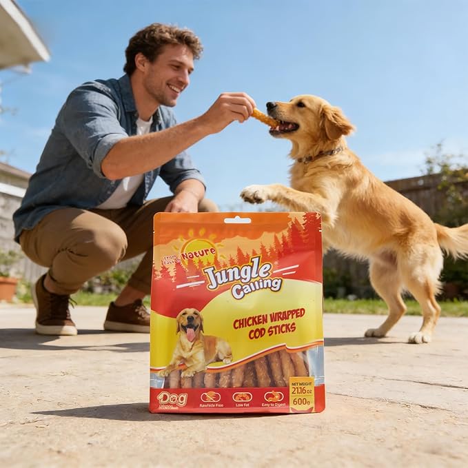 Jungle Calling 35-Count Rawhide Free Dog Treats, 4.5-Inch Chicken Wrapped Cod Sticks for Dogs, Easily Digestible Long Lasting Dog Chews, Soft & Chewy Dog Treats for Training Small Medium Dogs, 1.32 lb