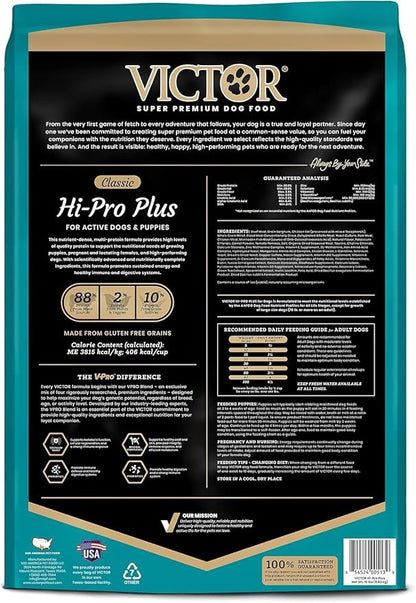 VICTOR Super Premium Dog Food – Hi-Pro Plus Dry Kibble – High Protein Dog Food with 30% Protein – Beef, Chicken, Pork, Fish Meals, Gluten Free - for High Energy and Active Dogs & Puppies, 15lbs