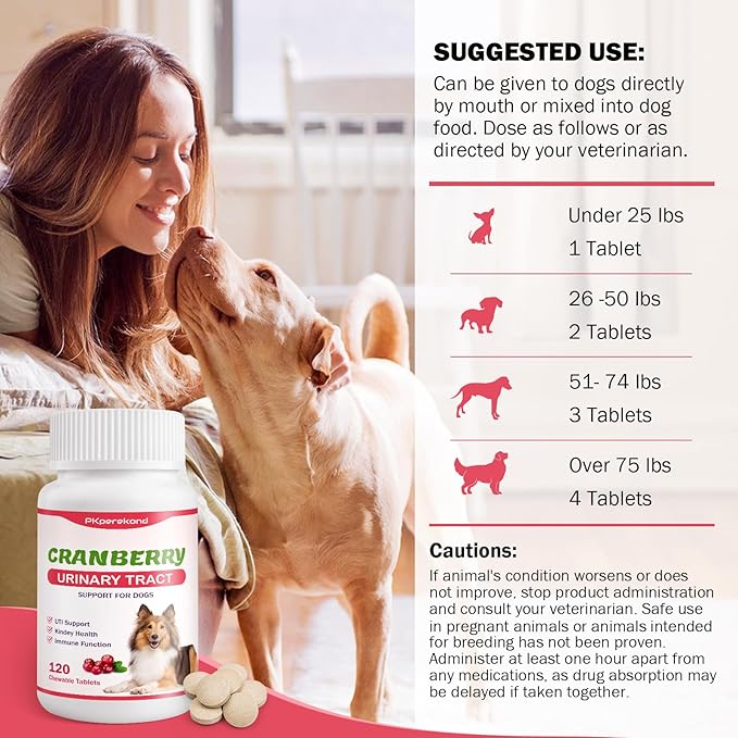 Cranberry for Dogs, 120 Chewable Tablets, UTI Treatment for Dogs, Urinary Tract Support, Promote Kidney and Bladder Health, Cranberry Supplement for Dog