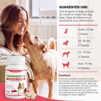Cranberry for Dogs, 120 Chewable Tablets, UTI Treatment for Dogs, Urinary Tract Support, Promote Kidney and Bladder Health, Cranberry Supplement for Dog