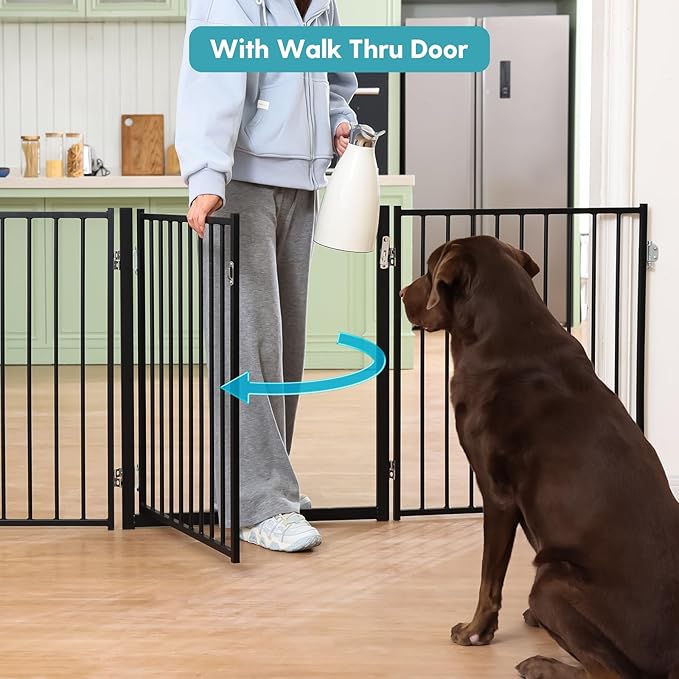 No Pawblems Free Standing Dog Gate with Door, 30'' Tall Foldable Dog Fence for Indoor & Outdoor, Up to 78 Inch Extra Wide Puppy Gate for Stairs, Hallways, Doorways, Deck, Yard (Black, 3 Panels)