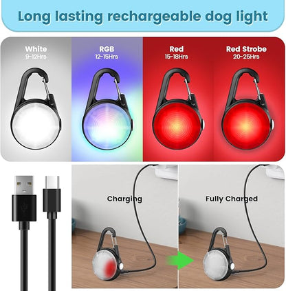2Pack Dog Lights for Night Walking Dog Collar Light Clip on Rechargeable Glow in The Dark Light with 4Modes & RGB Color for Camping