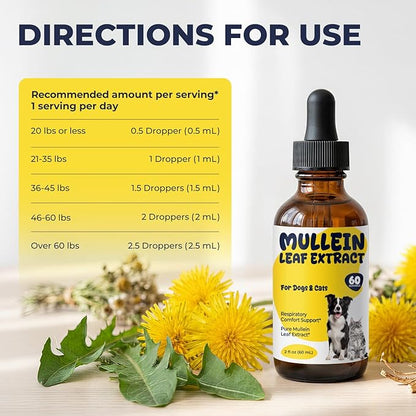 Mullein Drops for Dogs & Cats, Mullein Leaf Extract Liquid with Chlorophyll, Respiratory Comfort & Breathing Support, Pet Cough Support Drops, Herbal Liquid Supplement, 2 fl oz (60 mL)