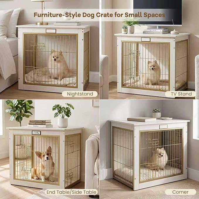 Luxury Dog Crate Furniture with Double Doors, White Wood Pet Crate End Table with Gold Metal Bars, Heavy Duty Indoor Dog Kennel for Small Medium Dogs, Furniture Style Dog Cage