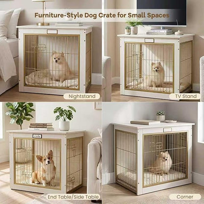 Luxury Dog Crate Furniture with Double Doors, White Wood Pet Crate End Table with Gold Metal Bars, Heavy Duty Indoor Dog Kennel for Small Medium Dogs, Furniture Style Dog Cage