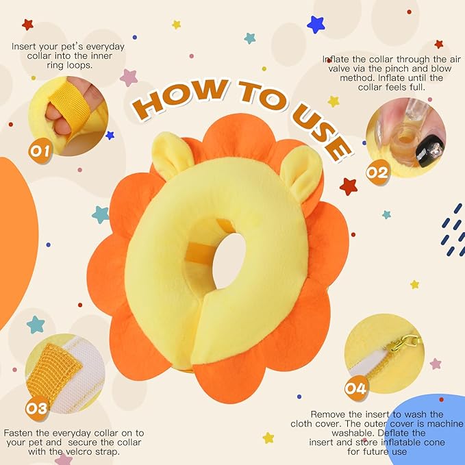 IEUUMLER Inflatable Recovery Dog Collar, Protective Donut Cone, Adjustable Soft Collar for Dog and Cat After Surgery Prevent from Biting & Scratching EU002 - Orange Lion L