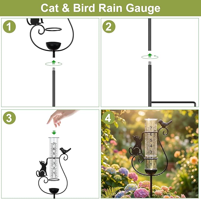 Rain Gauge Outdoor, Cat & Bird Rain Gauges Outdoor Best Rated Decorative for Garden Yard Lawn with Easy-Read 7" Tube, Accurate Rainfall Measurement