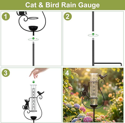 Rain Gauge Outdoor, Cat & Bird Rain Gauges Outdoor Best Rated Decorative for Garden Yard Lawn with Easy-Read 7" Tube, Accurate Rainfall Measurement