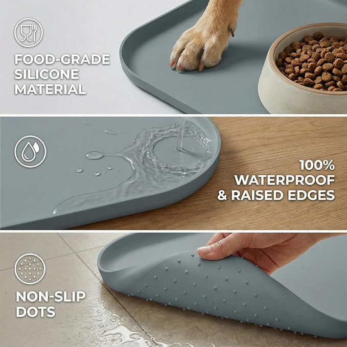 BLESWIN Non-Slip Silicone Dog Food Mat for Food and Water, 18" x 12" Raised Edge Pet Feeding Mat - Waterproof Dog Bowl Mat Easy Clean for Floor Protector,Grey